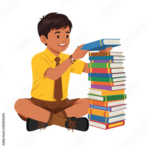 Smiling Indian schoolboy in a yellow and brown uniform sitting cross-legged on the floor, happily stacking a tall tower of colorful books.