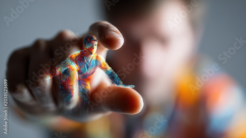 A close-up concept shot showing a person's hand interacting with a glowing, colorful digital avatar of a human figure