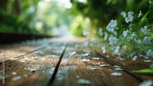 cluster of delicate white wildflowers leaning over an old, weathered wooden surface