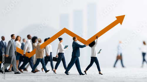 Business Growth Ascends: A diverse group of professionals march forward, collectively carrying a vibrant orange arrow representing upward business growth and success.