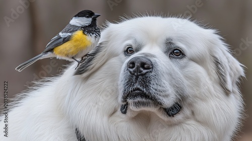 A Large White Fluffy Dog Remains Still While A Small Yellow Bird Perches on Its Head