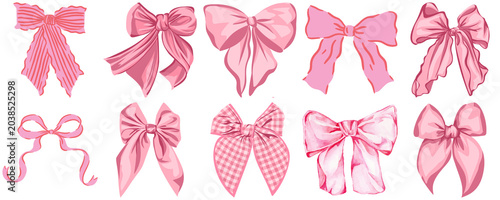 large collection of beautifully rendered pink bows in diverse styles, some striped or checkered, featuring a soft watercolor aesthetic, ideal for elegant designs.