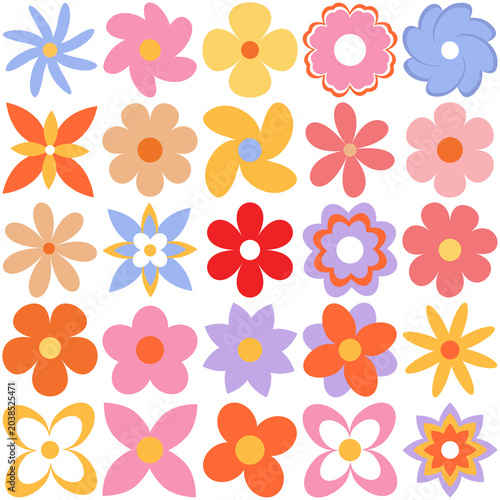 a vibrant collection of stylized flowers in a charming flat design, featuring diverse shapes and bright, cheerful colors.
