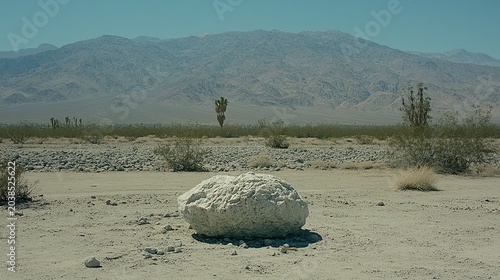 A Lonely Bouldered Contrast on a Vast Desert Plain Under Distant Mountains