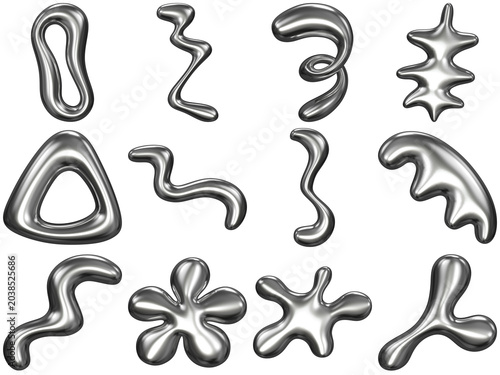 collection of abstract silver liquid metallic shapes, trendy fluid chrome elements for modern design projects, a high-quality 3d render.