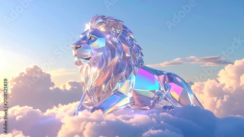 A crystal lion rests serenely on a cloud-filled sky, gleaming in the sunlight