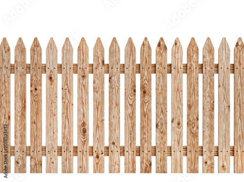 Close-up of weathered wooden picket fence against snowy white background in minimalist winter scene