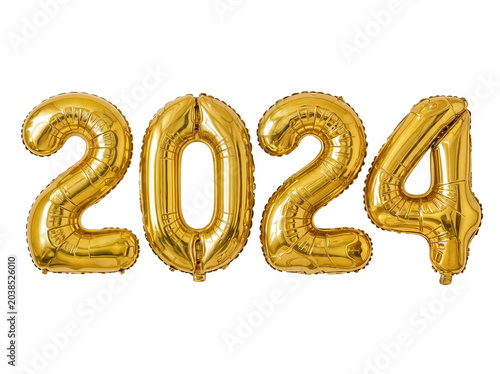 Golden 2024 number balloons floating against silver glitter background