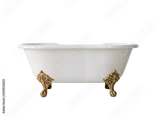 Elegant Freestanding White Clawfoot Bathtub with Gold Lion Feet in Minimalist Checkered Room