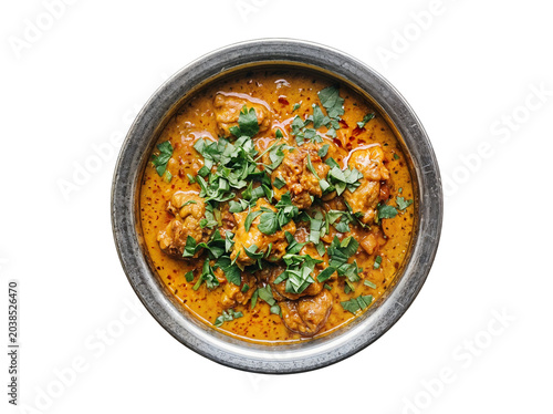 Homemade yellow curry with fresh cilantro garnish in rustic metal bowl on checkered cloth