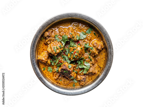 Homemade chicken curry served in rustic bowl with fresh cilantro garnish on checkered cloth