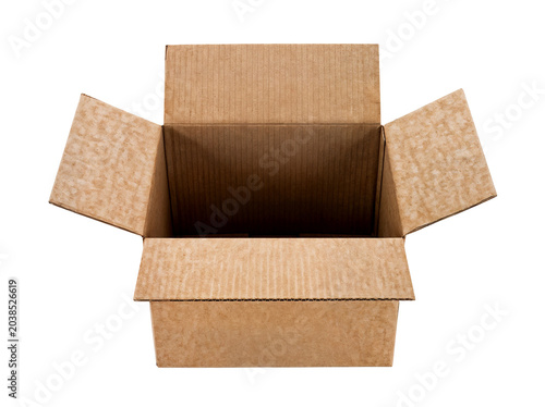 Empty cardboard box open on white background minimal setup