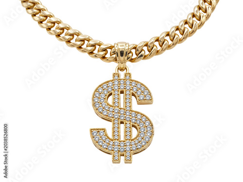 Golden dollar sign pendant necklace on checkered background with sparkling gems
