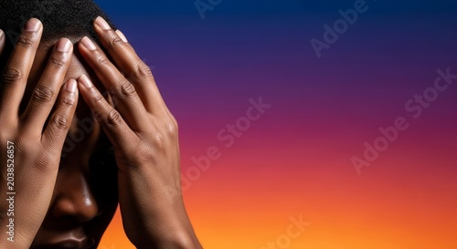 A close up view of dark skin hands pressing against a temple, expressing intense mental strain, chronic stress, and emotional exhaustion, headache, grief, impact