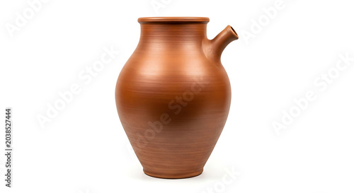 Traditional brown clay pitcher with a rustic design, isolated on a clean white background