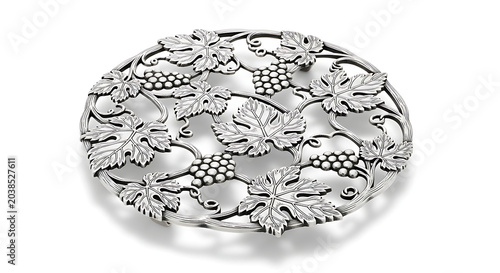 Exquisitely detailed precious metal grape vine brooch, elegant jewelry piece isolated on a pristine white background