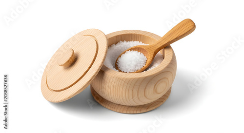 Wooden salt cellar with spoon isolated on white background