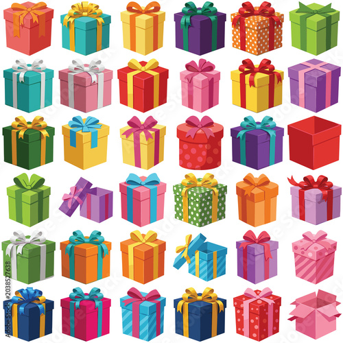 a vibrant collection of colorful gift boxes with diverse patterns, celebrating holidays and festive occasions.