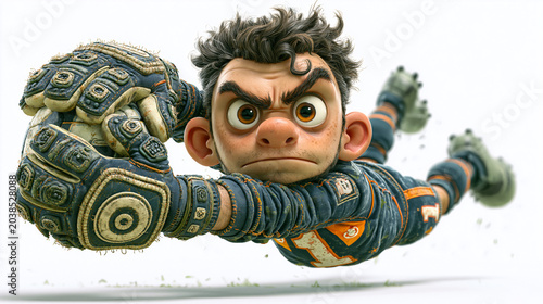 Hyper-Realistic 3D Cartoon Goalkeeper Caricature Diving Mid-Air To Catch a Soccer Ball, with Oversized Gloves and Cinematic Lighting, Isolated on White Background for Commercial Use. Generative Ai.