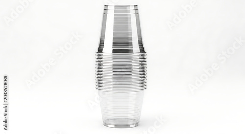Stack of transparent disposable plastic drinking cups, isolated on a white background, ready for use