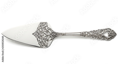 Ornate silver cake server with intricate detailing, isolated on a white background, perfect for elegant dining