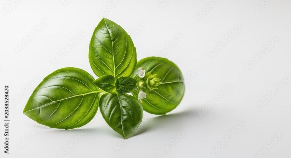 Obraz premium A vibrant sprig of freshly picked organic sweet basil, essential for flavorful Mediterranean and Italian cuisine. Perfect cooking ingredient, fresh, culinary, botany