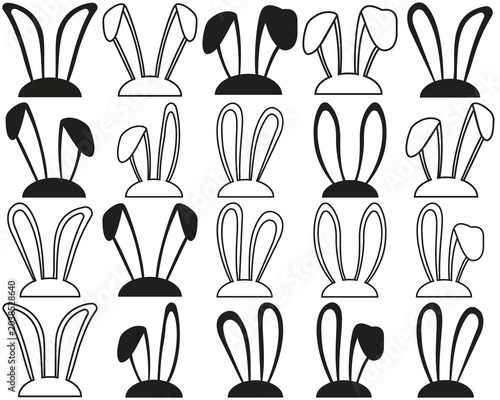 collection of various black silhouette bunny ear headbands for easter holiday costumes and festive events, isolated on a clean dark background.