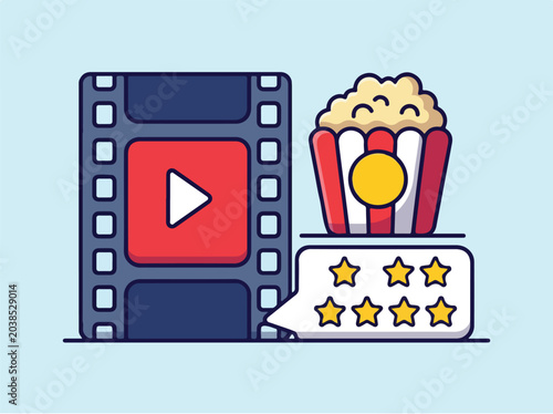 Movie Cinema Film Strip Popcorn and Star Rating Review Illustration.