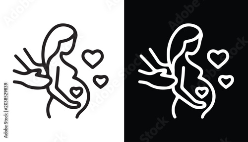 Photos Pregnancy Icon Symbol: A black and white line art illustration depicting a pregnant woman cradling her belly, surrounded by hearts, with gentle hands supporting her