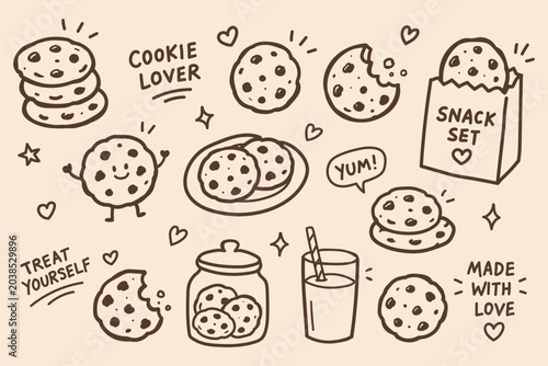 Canvas Print Hand Drawn Chocolate Chip Cookies Snack Doodle Vector Set with Cute Bakery Eleme