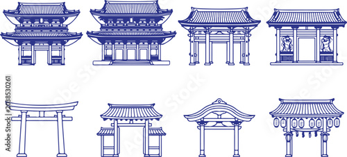 Konstfotografi Various traditional Japanese temple gates and structures, including torii gates and multi-story buildings, detailed blue line art
