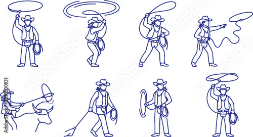 Bild auf Leinwand Cowboy lassoing action set blue line art on transparent background, various poses and bull illustration