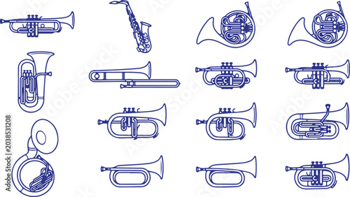Foto Collection of brass musical instruments including trumpets, saxophones and tubas