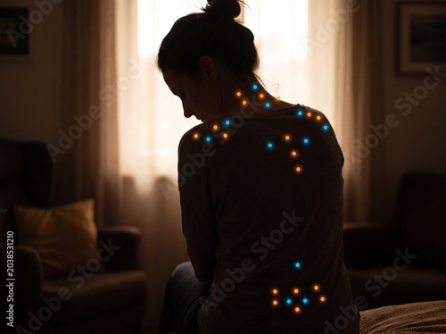 The silhouette of a female figure from behind suffering from fibromyalgia illuminated by soft light, with small glowing dots graphically superimposed on her body at muscle anchor points to symbolize t
