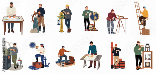 Schilderij op canvas Set of flat illustrations featuring maritime characters, navigators, and explorers using nautical equipment like globes, maps, telescopes, and ship wheels