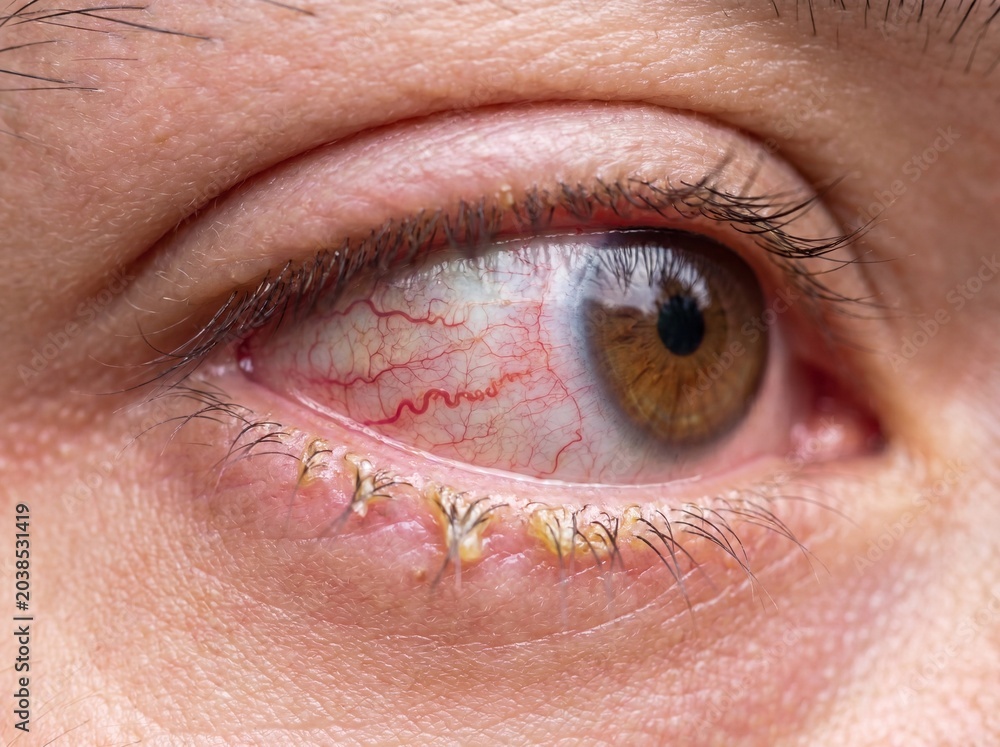 Fototapeta premium A macro photograph of an eye suffering from acute conjunctivitis, the white part crisscrossed by a dense network of bright red capillaries with the eyelashes partially matted by a yellowish discharge,