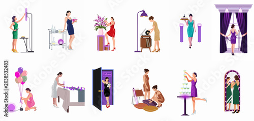 Fotografie Illustrations of elegant women in sparkling evening dresses preparing for a party, featuring scenes of decorating, serving champagne, and arranging a festive event