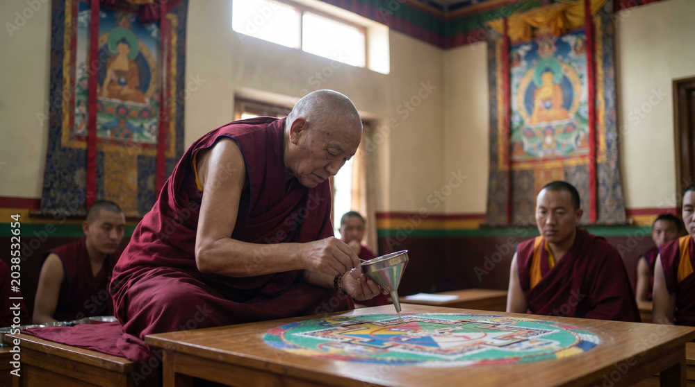 Fototapeta premium Buddhist Monk Carefully Creates Intricate Sand Mandala in Traditional Monastery Setting