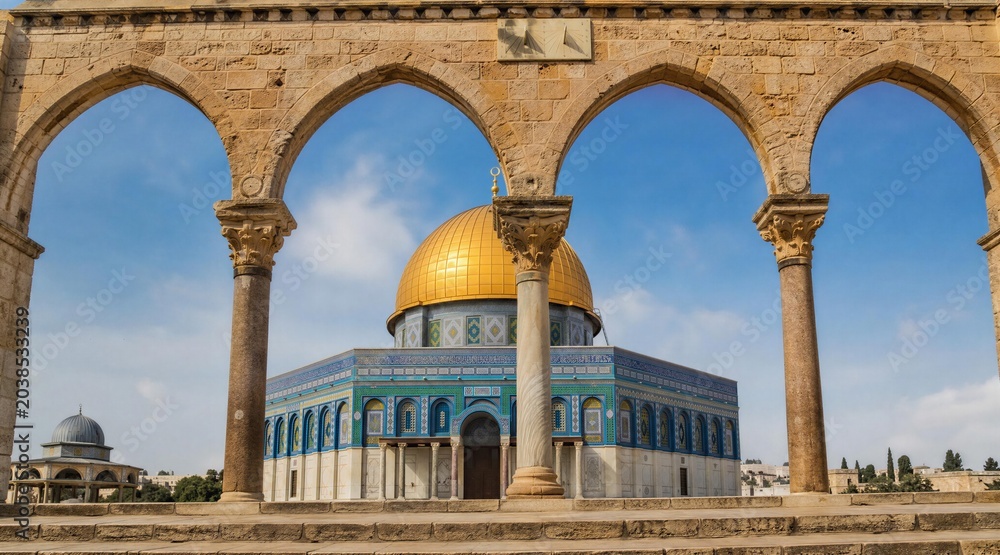 Fototapeta premium Dome of the Rock framed by historic arches in Jerusalem Old City