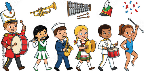 Diverse School Kids Marching Band and Musical Parade Vector Illustration Set Featuring Children Playing Drums Trumpet Saxophone Flute and Cymbals