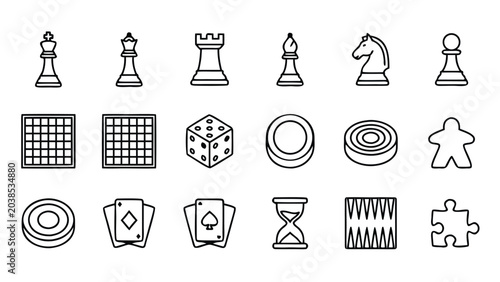 Large set of 16 classic chess piece and board game line icons in minimalist vector style with uniform stroke width and an organized grid layout including king queen knight rook pawn and board.