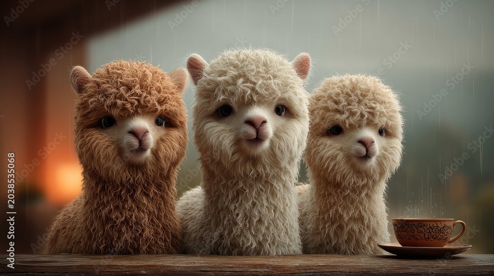 Fototapeta premium Three Cute Alpacas Sitting Together in a Cozy Indoor Setting with a Warm Beverage on a Rainy Day