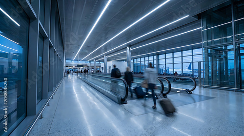 Passengers with luggage walking on a moving walkway in a modern airport terminal at dusk with aircraft parked outside