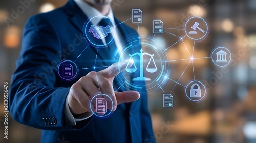 Professional lawyer touching a bright digital interface showing law and justice symbols in blue light