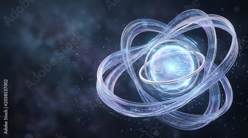 Glowing orb surrounded by swirling transparent rings in space with starry background