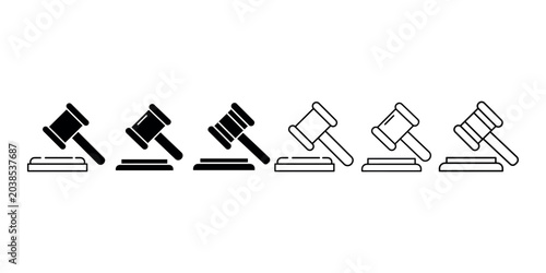 Legal gavel and auction hammer icon set in solid and outline styles representing justice law courtroom authority judgement bidding and legal proceedings.