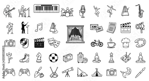 Collection of line art icons representing music dance drama photography film sports and hobbies on white background