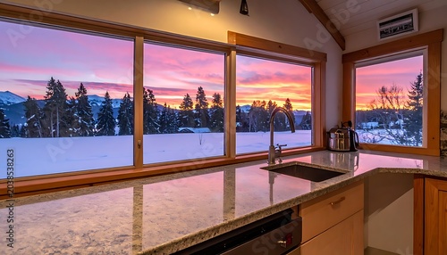 A kitchen interior with a stunning view of a snowy landscape