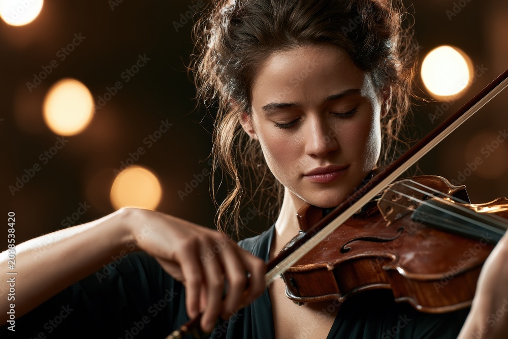 Fototapeta premium Young woman playing violin with focused expression in warm studio