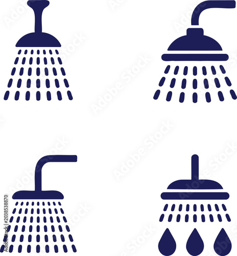 Obraz na płótnie Collection of four distinct navy blue showerhead icons illustrating water drople
